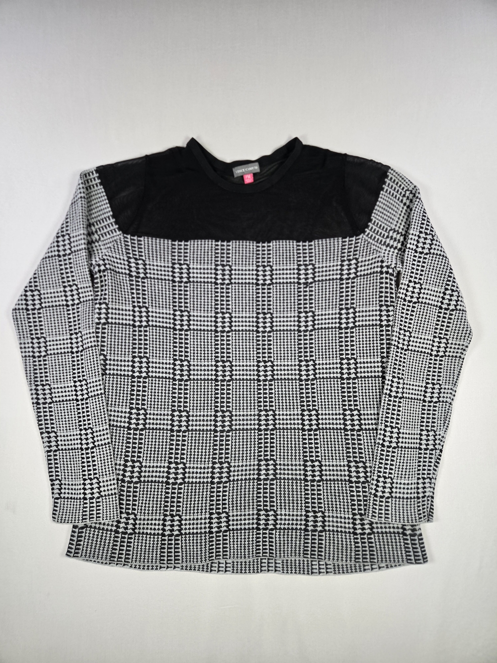Vince Camuto Houndstooth Mixed Media Mesh Yoke Sweater Size PM
